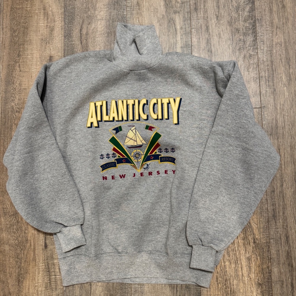 Vintage Gray Atlantic‎ City New Jersey Graphic Print Turtleneck Sweatshirt Large